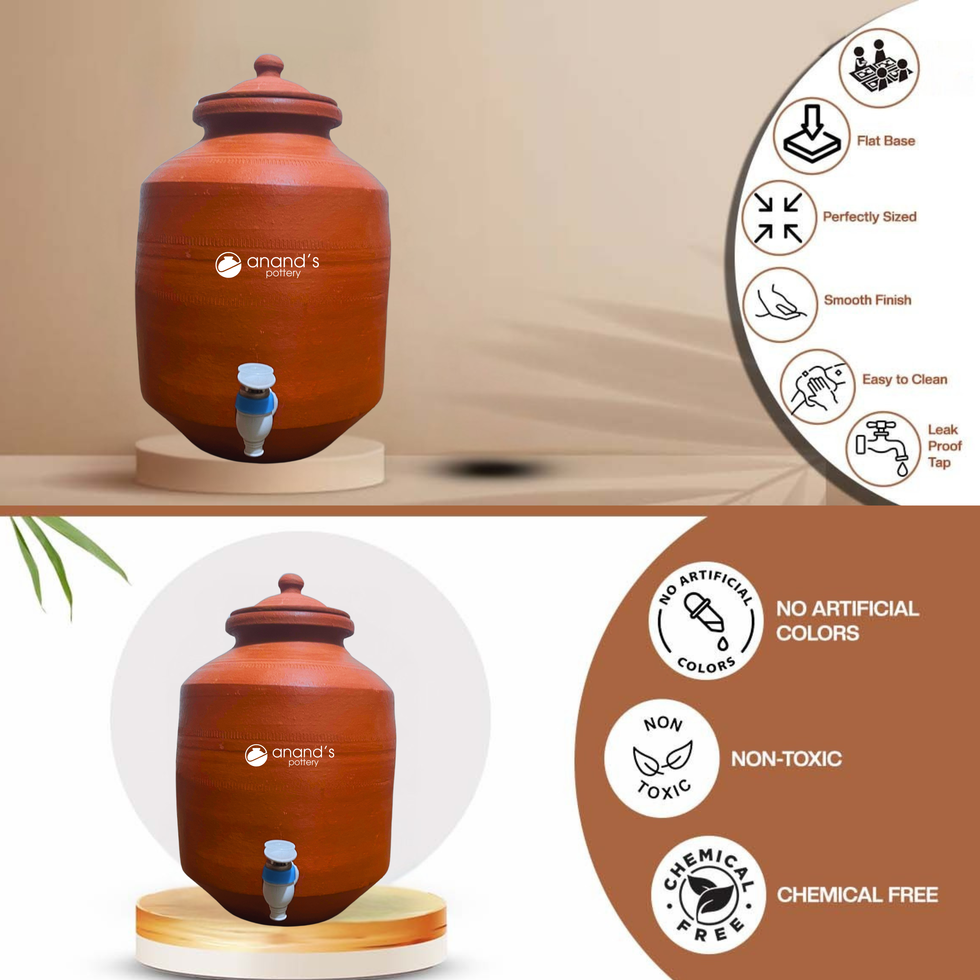 Clay Water pot with tap and cap [Anands pottery]