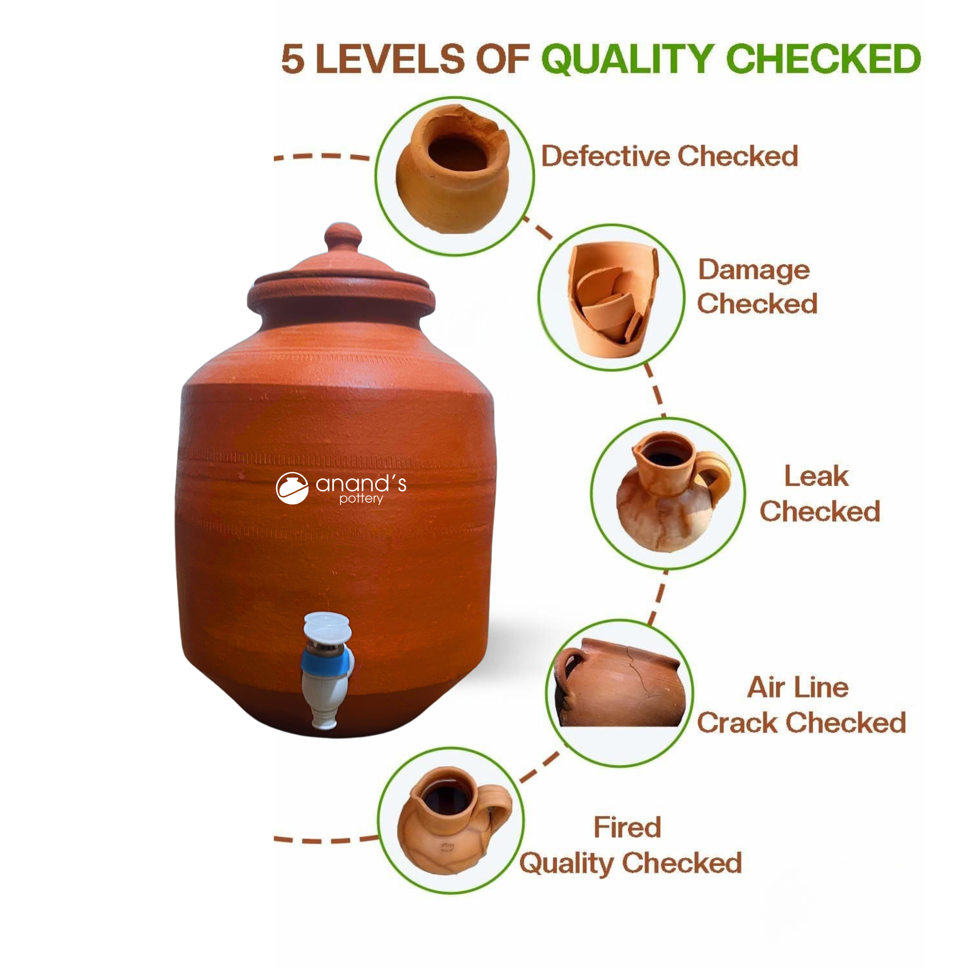 Clay Water pot with tap and cap [Anands pottery]