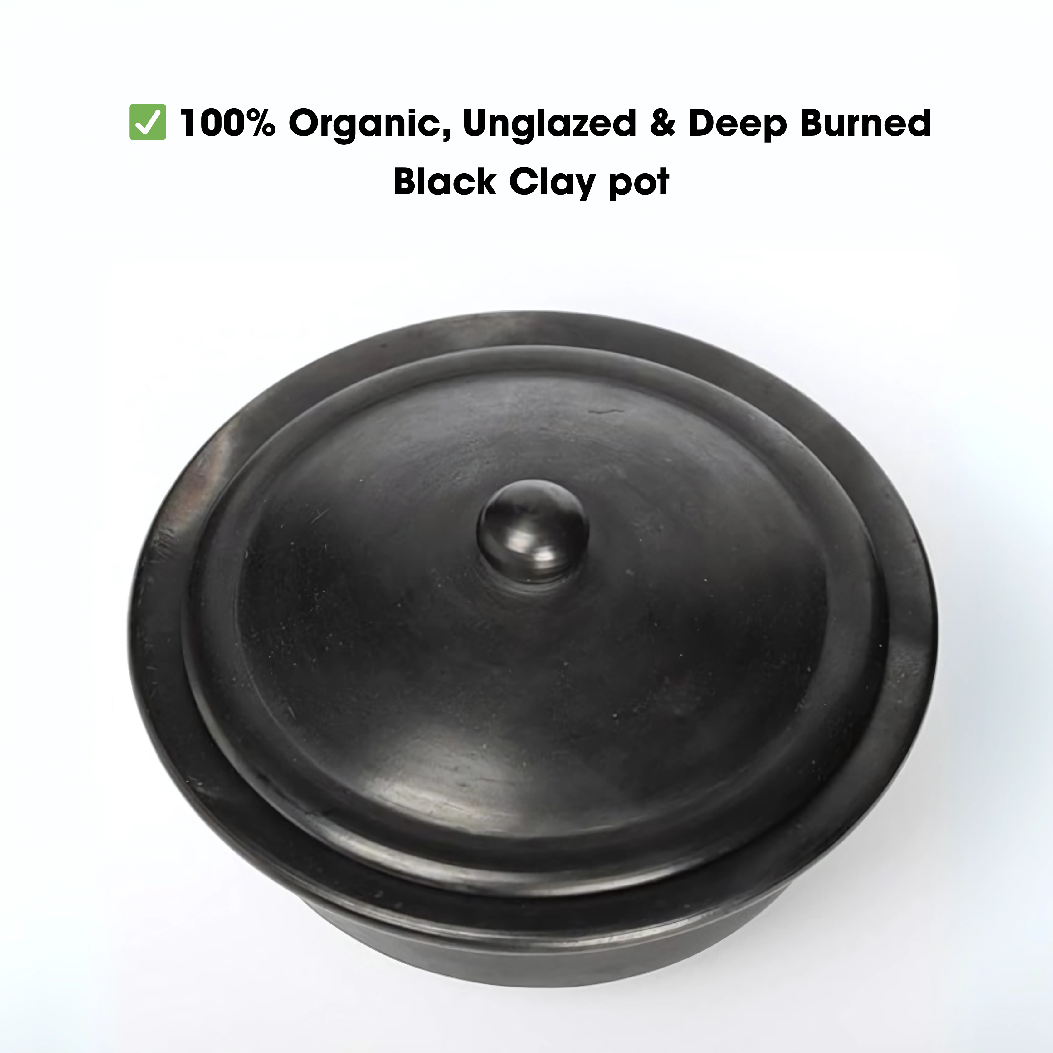 Black Clay Cooking Pot Unglazed Deep Burnt /Handi/ Handmade Earthen Kadai with Lid + Free ASH for Cleaning