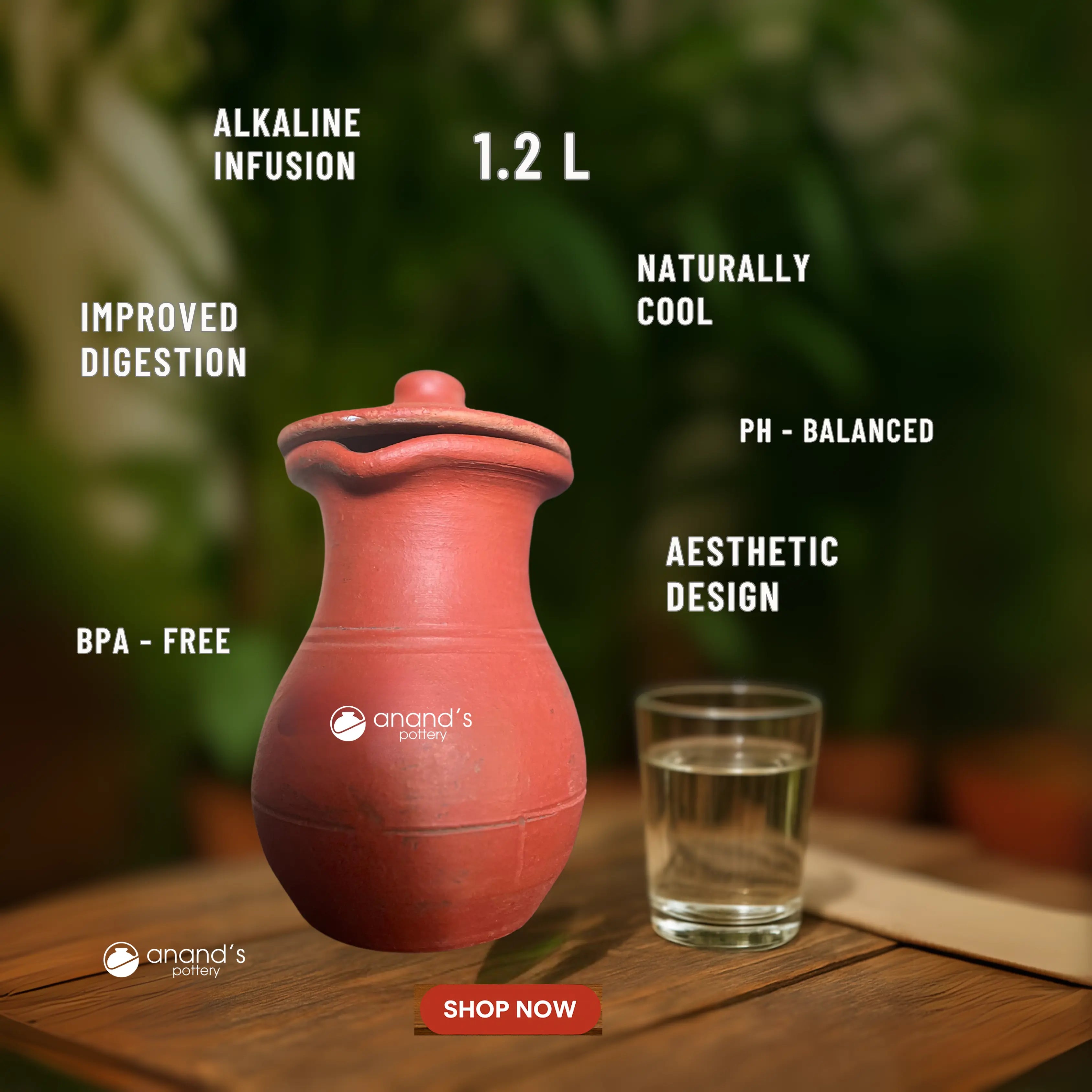 Clay water jug – Anands Pottery 1000 mL Terracotta Water Jug with Lid & Handle | Mitti Ka Surahi for Drinking Water | Handmade Mud Pot Pitcher | Naturally Cools, Purifies & Balances pH | Eco-Friendly & Chemical-Free
